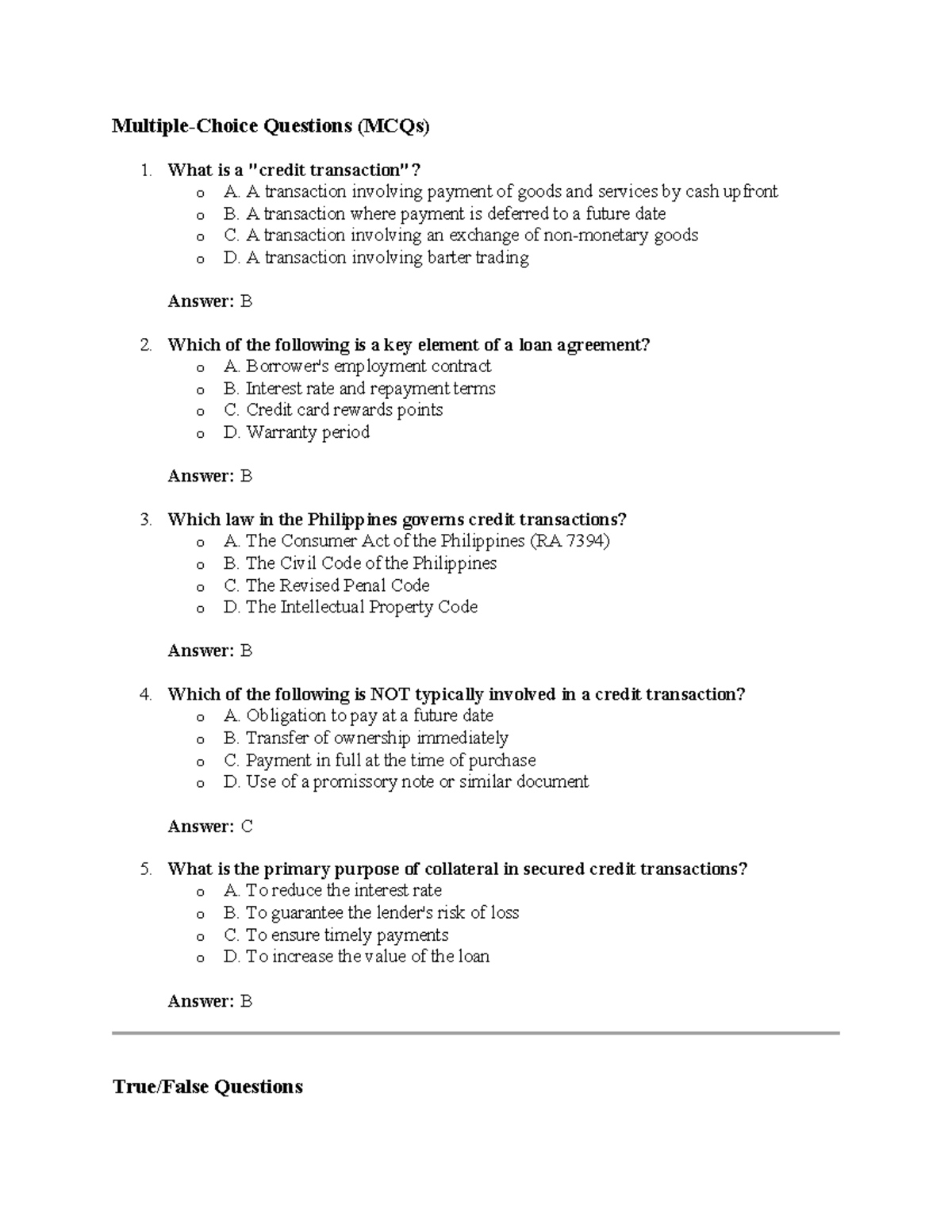 MCQ & True/False Questions on Credit Transactions (FIN 201) - Studocu