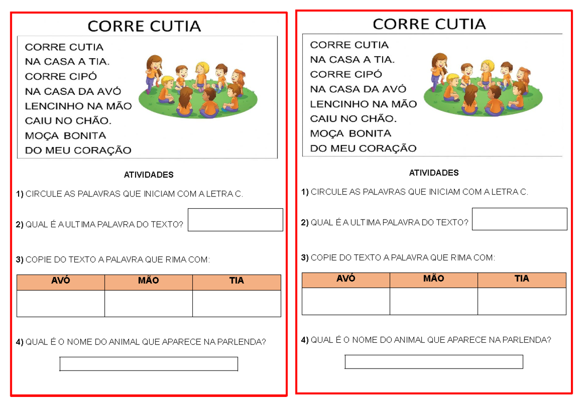 Sequência Didática Corre Cutia - ATIVIDADES 1) CIRCULE AS PALAVRAS QUE  INICIAM COM A LETRA C. 2) - Studocu