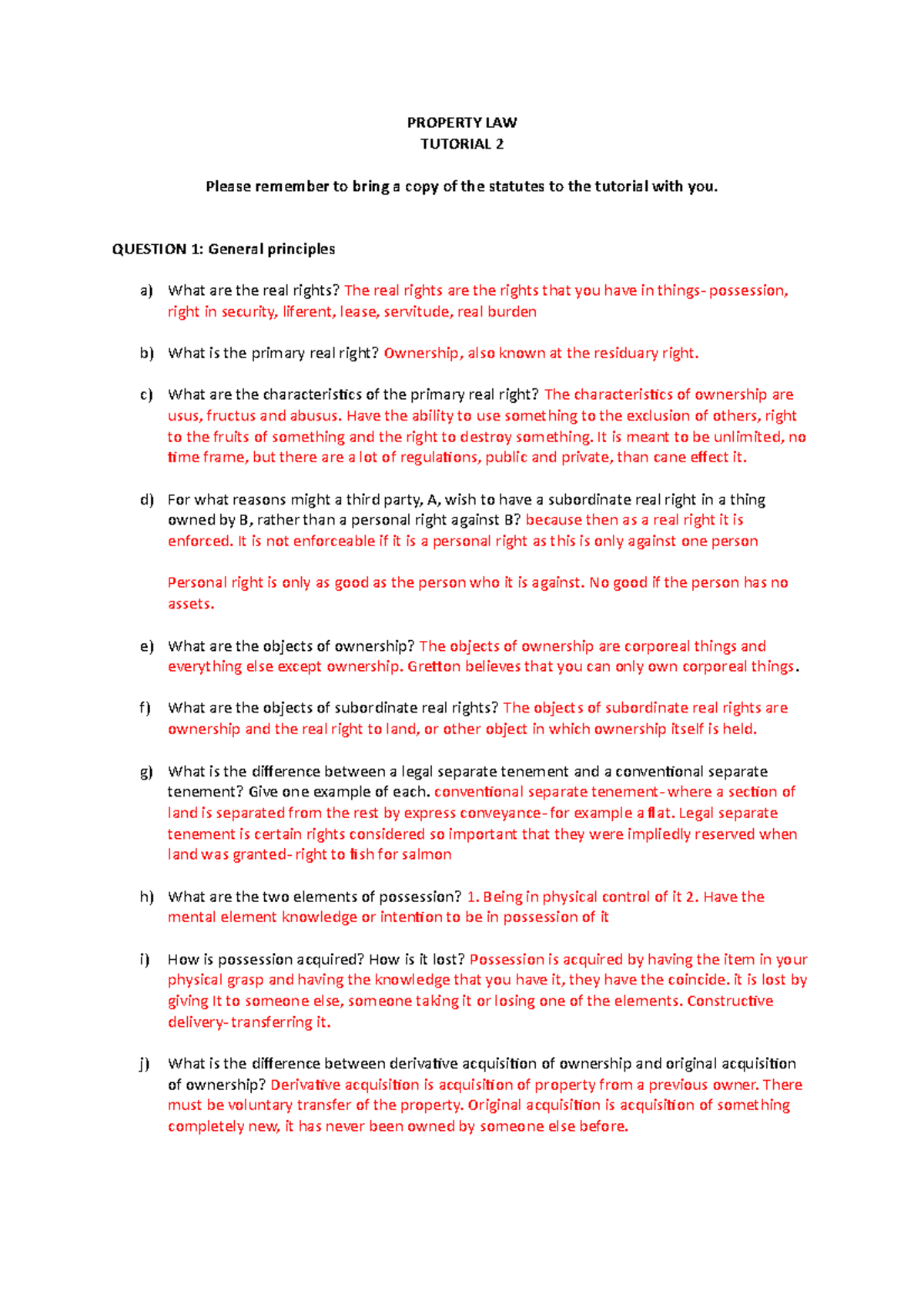 Property Law Tutorial 2 Study Notes and Important Concepts - Studocu