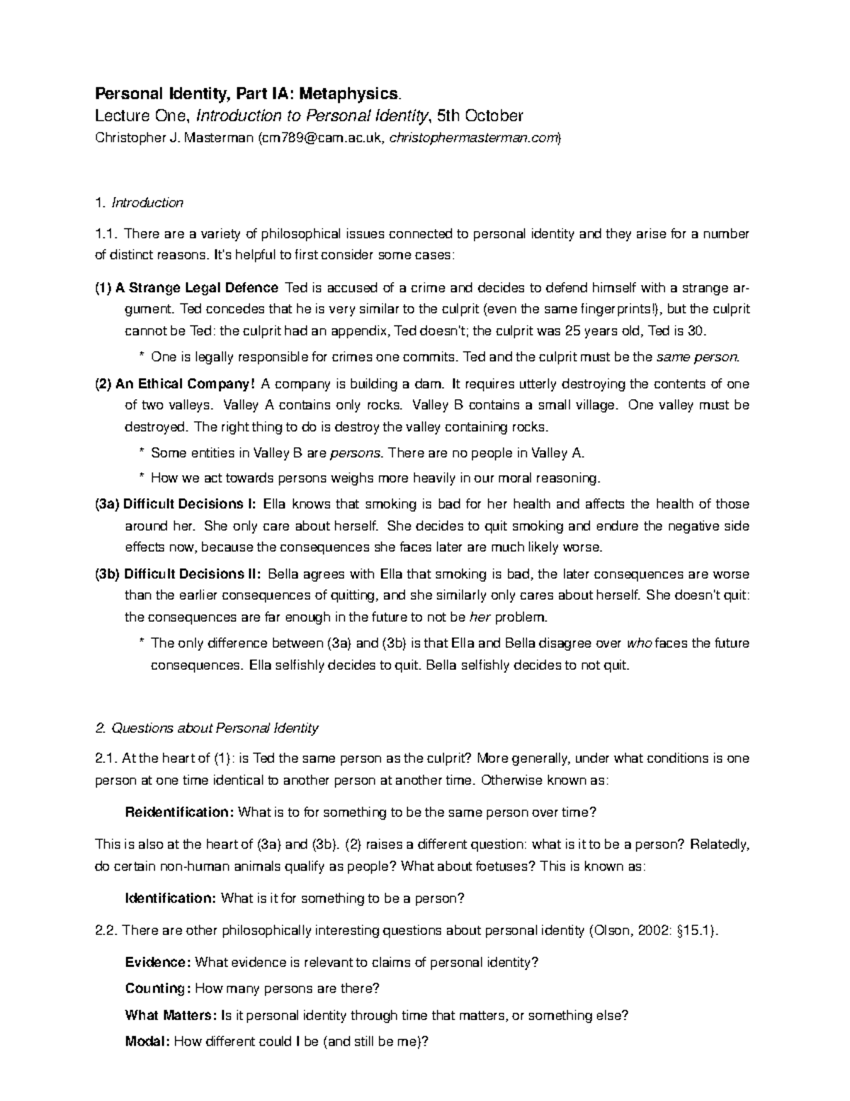 Personal Identity, Part IA: Metaphysics. Lecture Notes on Identity ...
