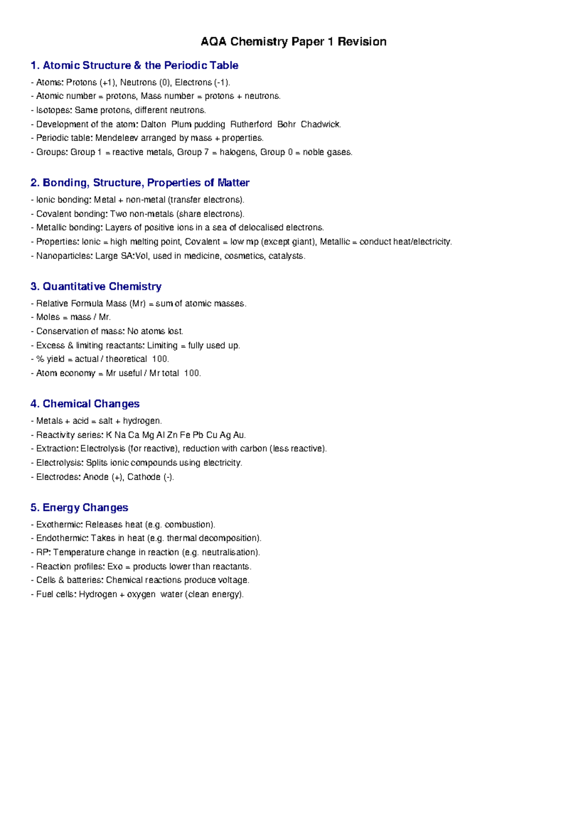 AQA Chemistry Paper 1 Revision: Atomic Structure & Bonding Concepts ...