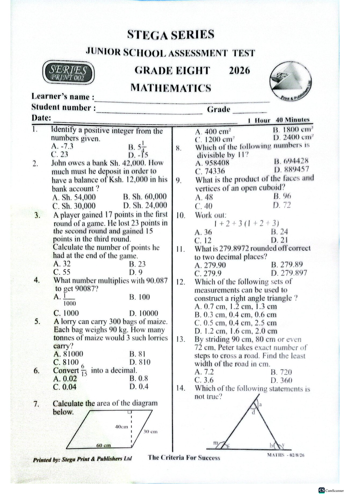STEGA SERIES JUNIOR SCHOOL ASSESSMENT TEST GRADE 8 2026: MATHS ...