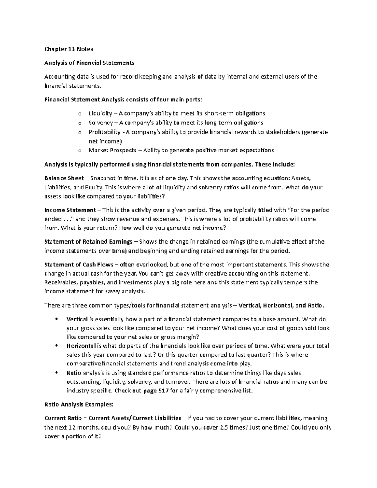 ACCT 2302 Chapter 13 Financial Statement Analysis Notes - Studocu