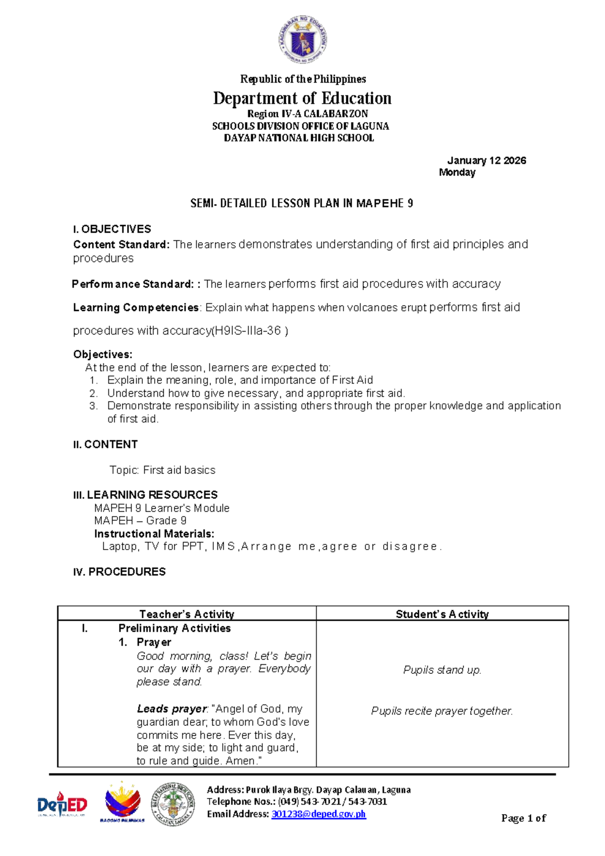 Detailed Lesson Plan in MAPEHE 9: First Aid Basics - Studocu