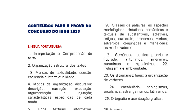 Conteúdos para a Prova do Concurso do IBGE 2025: Língua Portuguesa e ...