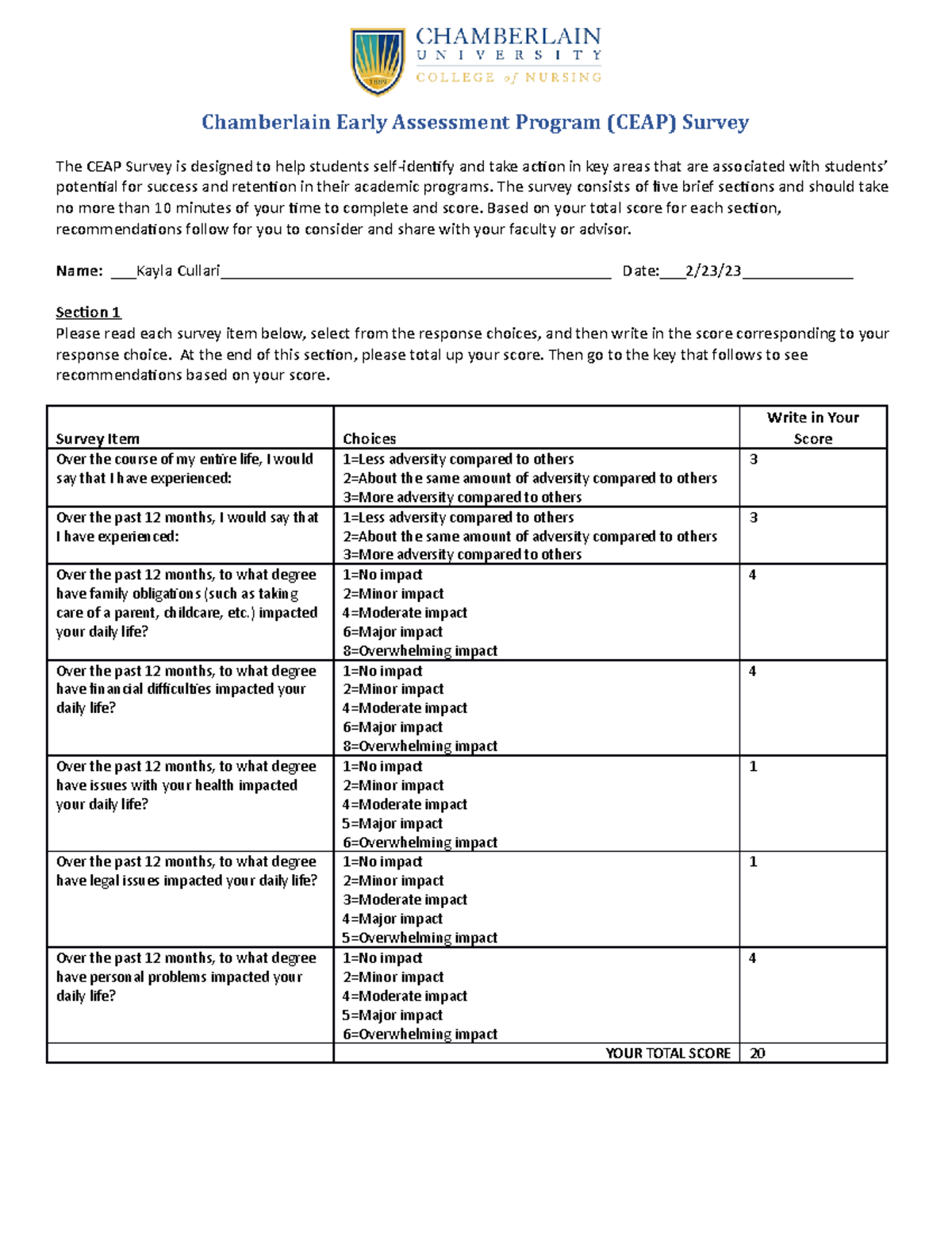 CEAP - CEAP assignment - Chamberlain Early Assessment Program (CEAP ...