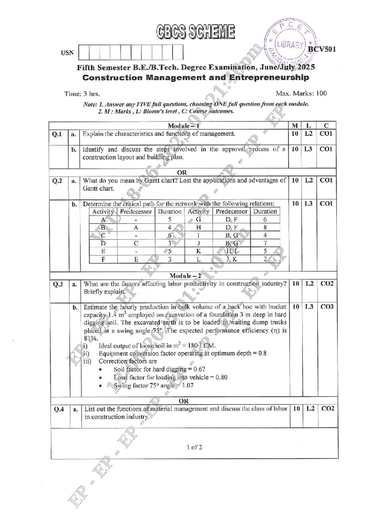 BCV501 - July 2025 Model Question Paper for Construction Management ...