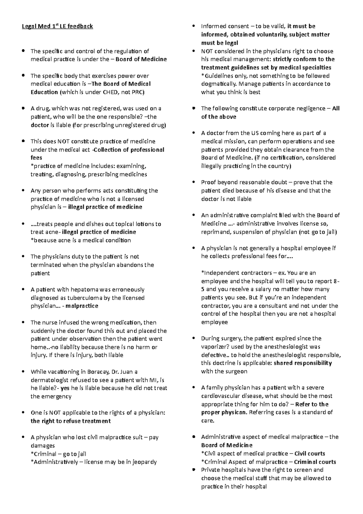 Legal Medicine 1st Exam: Q&A Study Guide on Medical Practice and Ethics ...