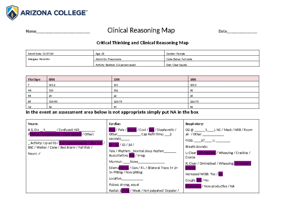 Clinical Map 1 - Critical Thinking and Clinical Reasoning Map Admit ...