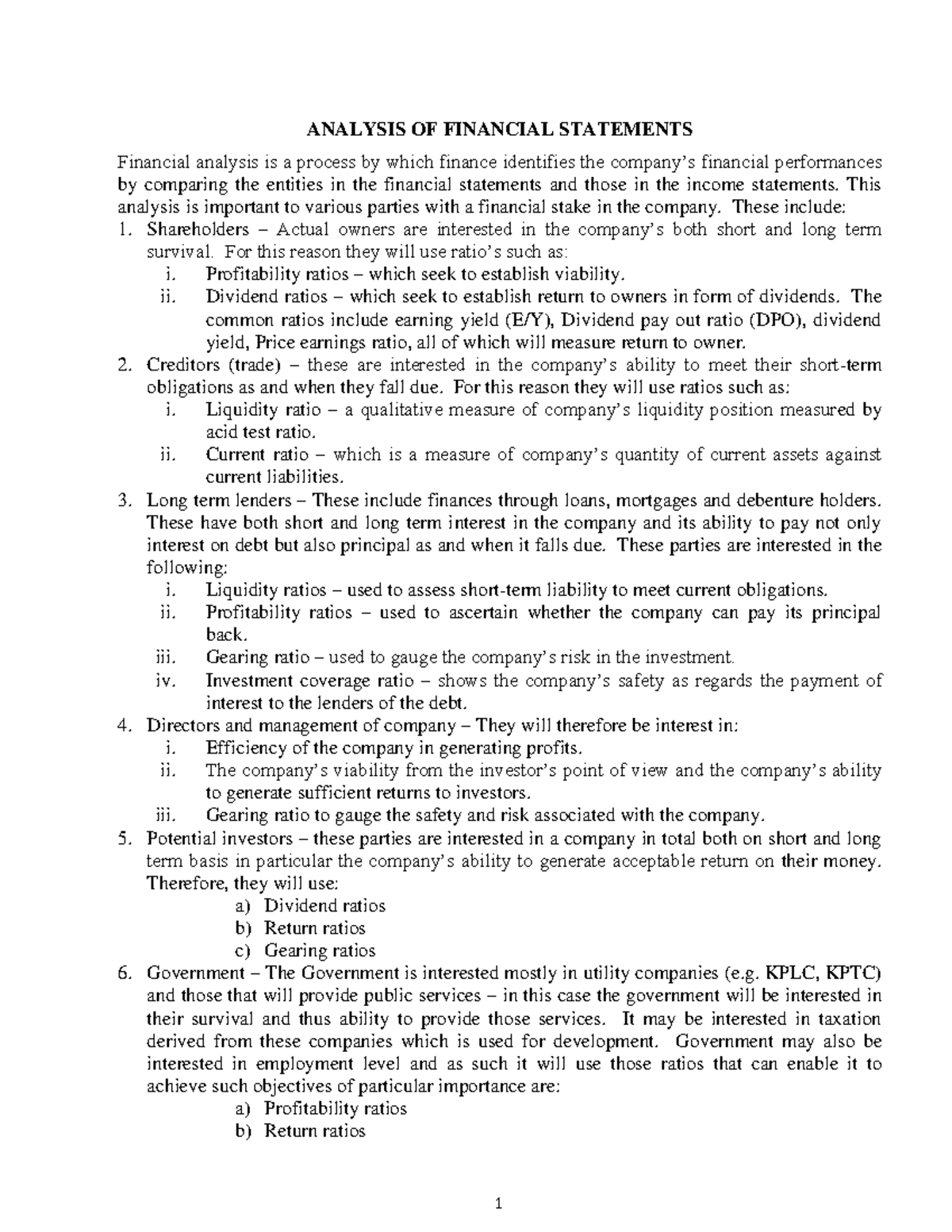 ANALYSIS OF FINANCIAL STATEMENTS (FIN 101) - Key Ratios and Insights ...