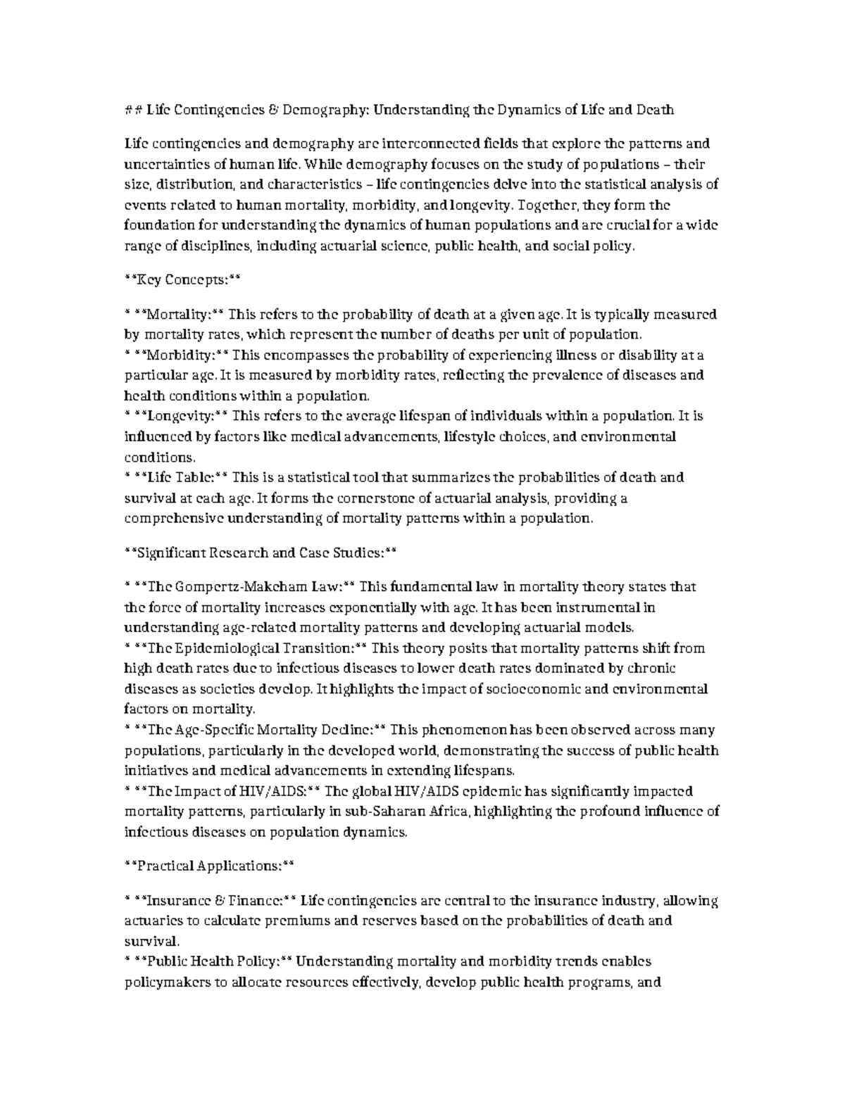 Life Contingencies & Demography: Key Concepts and Applications - Studocu