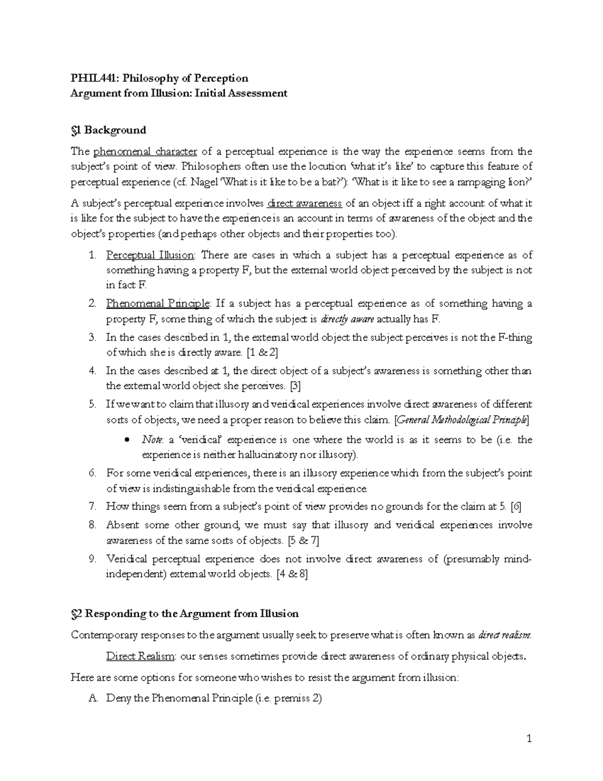 PHIL441: Argument from Illusion - Initial Assessment Overview - Studocu
