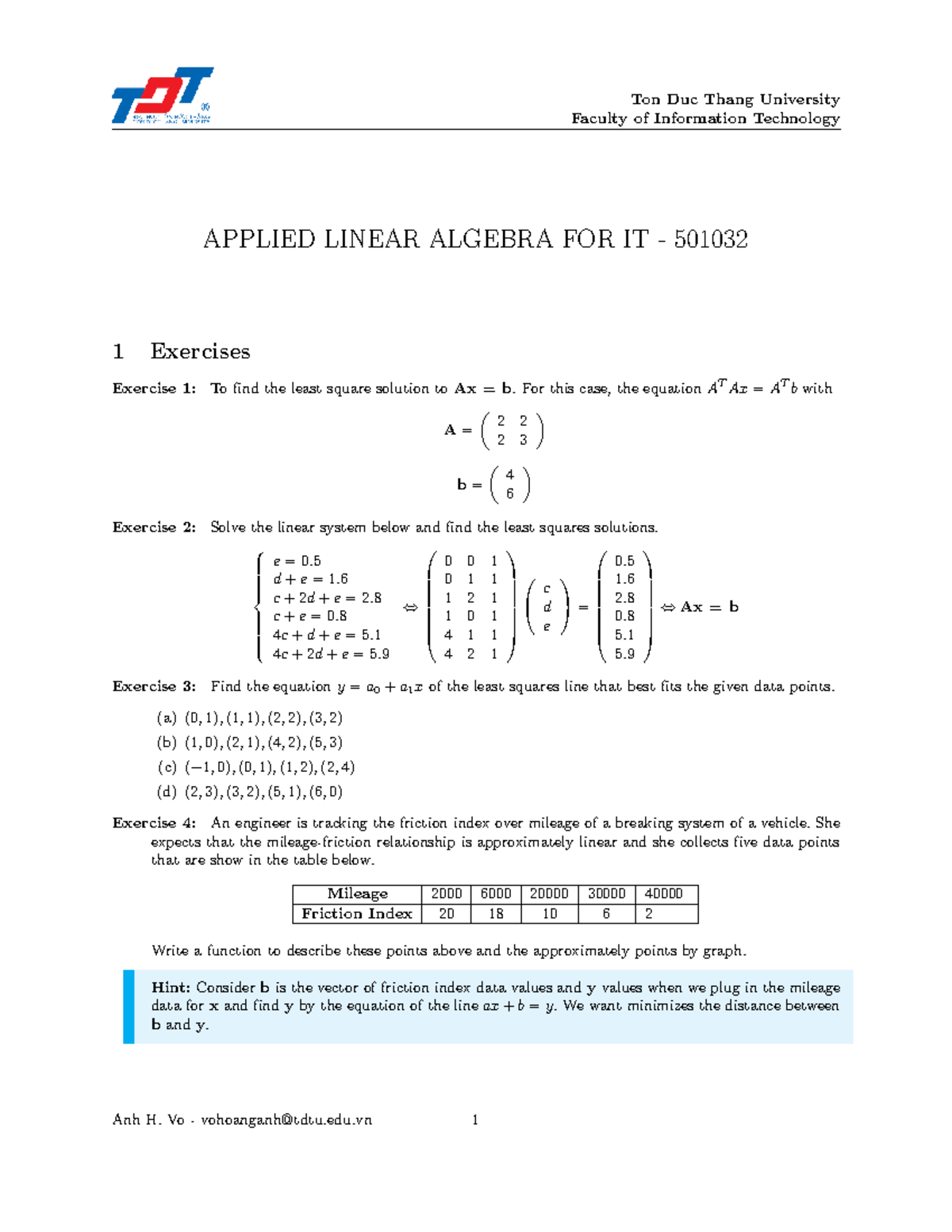 Lab 08-09: Applied Linear Algebra Exercises for IT 501032 - Studocu