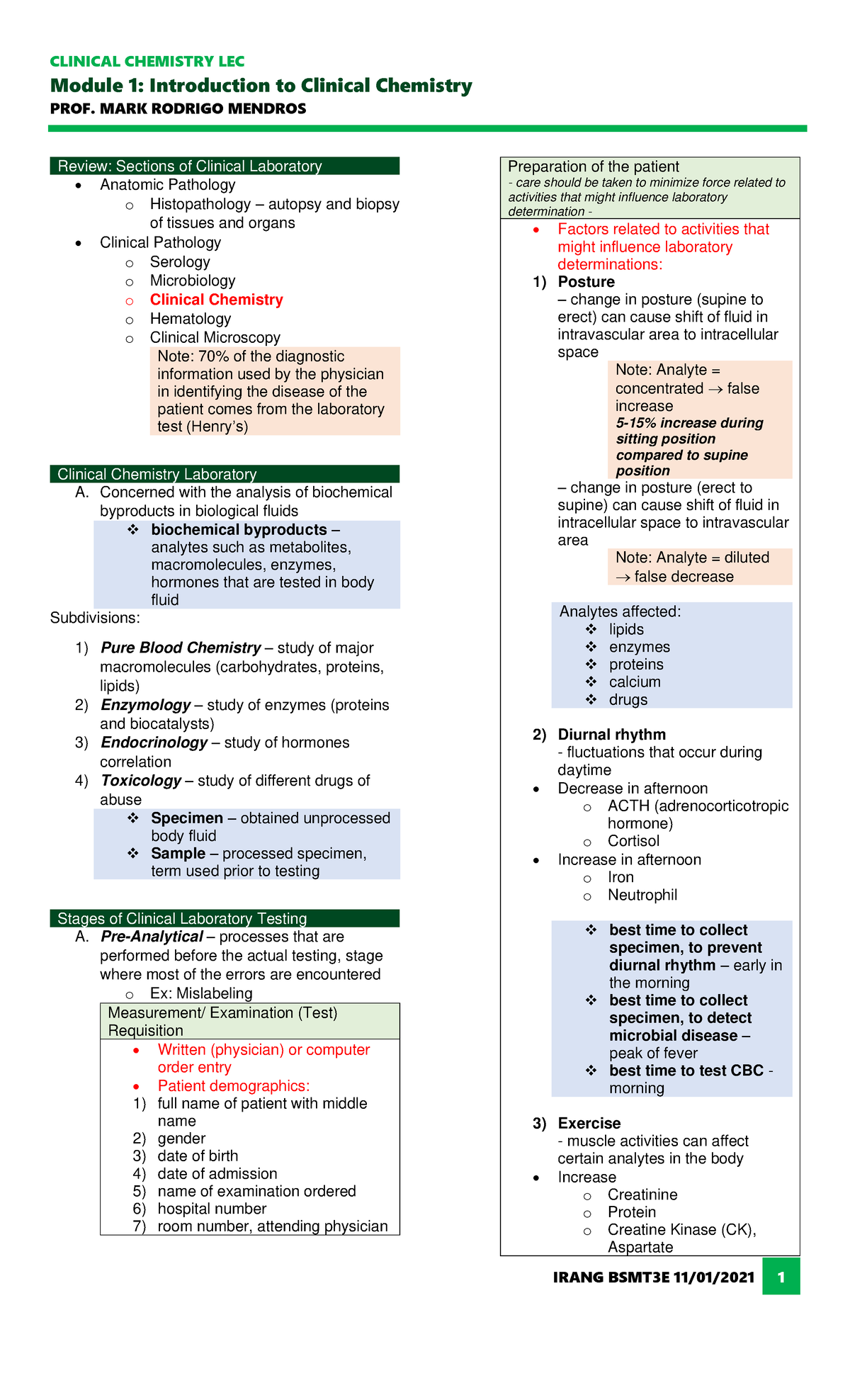 CC LEC Notes #1: Overview of Clinical Chemistry Fundamentals - Studocu