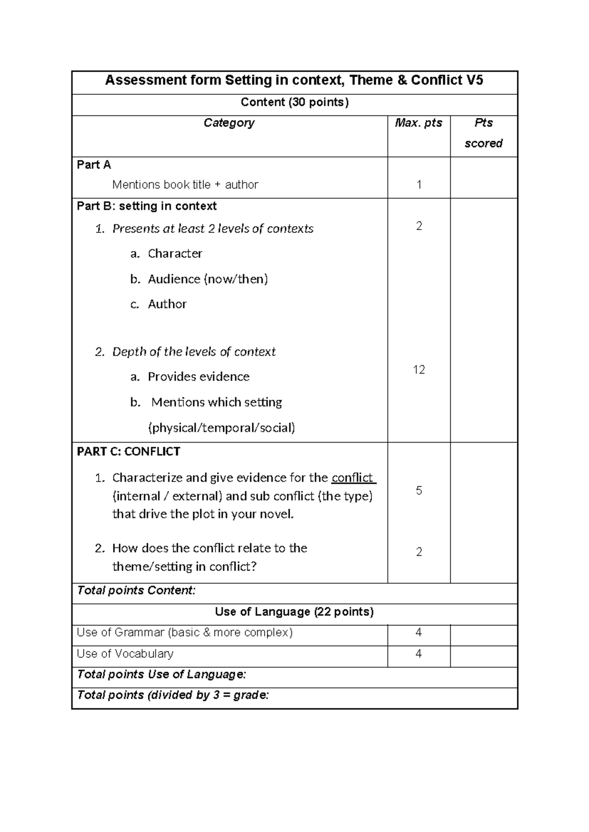 Assessment Form V5: Book 3 - Setting, Context & Conflict Analysis ...