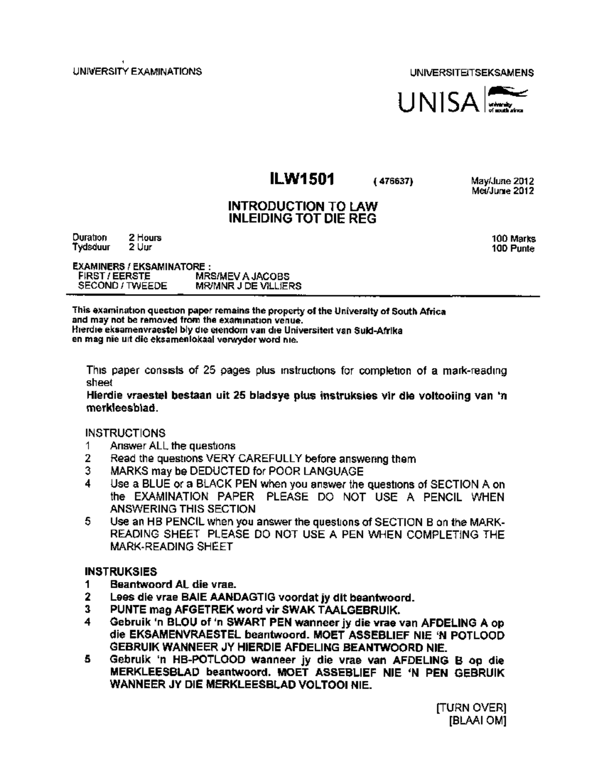 ILW1501 May/June 2012 examination paper on introduction to law - Studocu