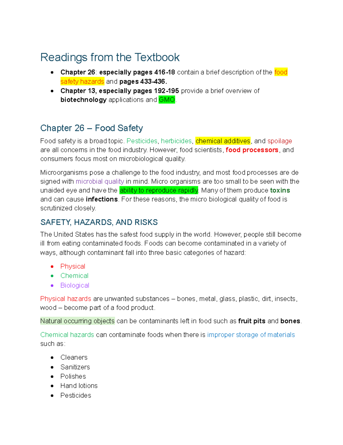 Chapter 26 Rough Notes: Food Safety Hazards & Biotechnology Overview ...