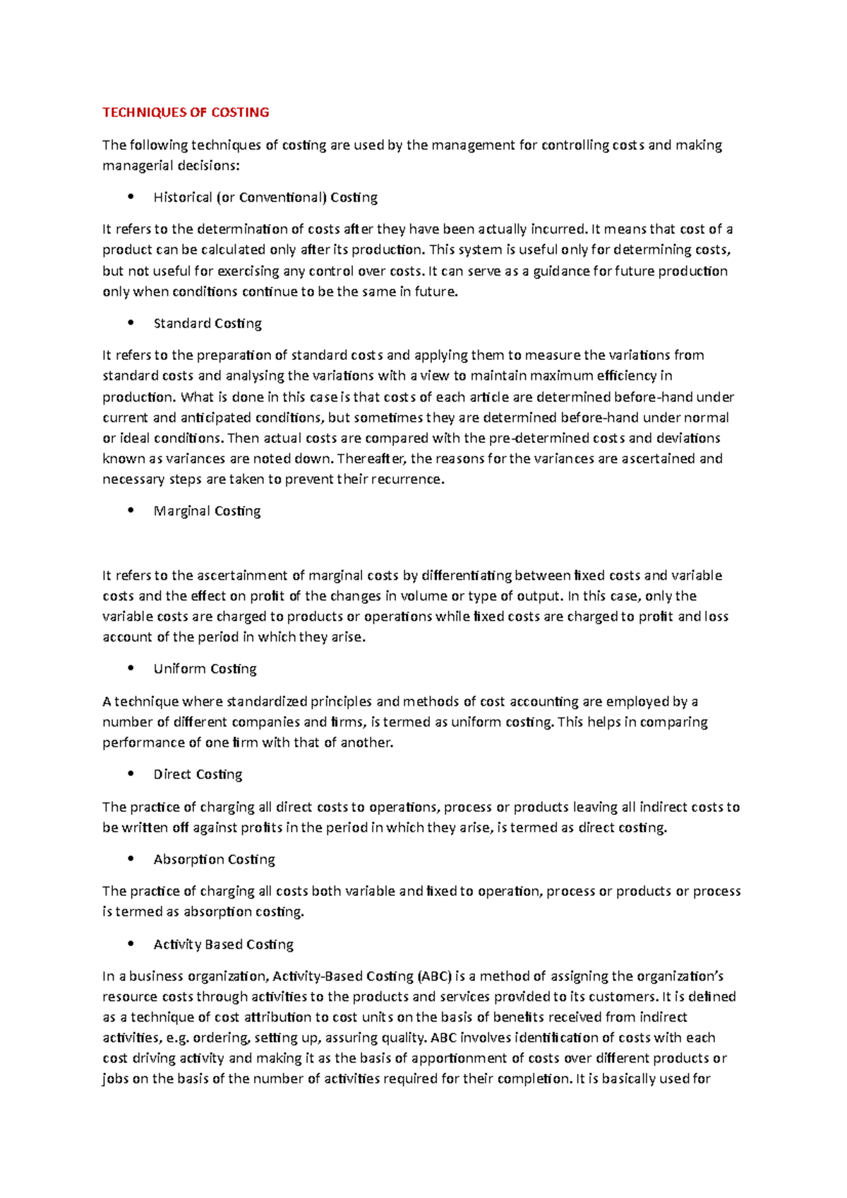 Costing Techniques in Advanced Cost & Management Accounting - ACC 4 ...