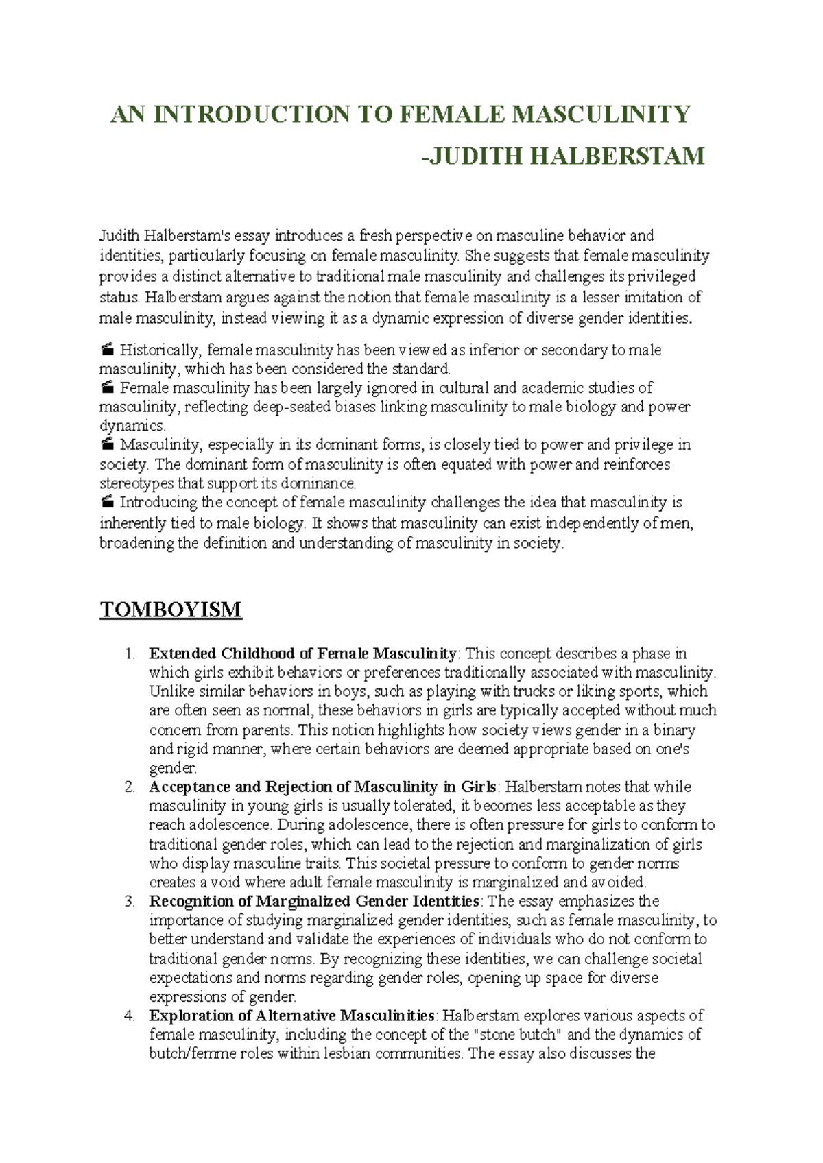 Final Exam Notes on AN Introduction to Female Masculinity - Document Preview