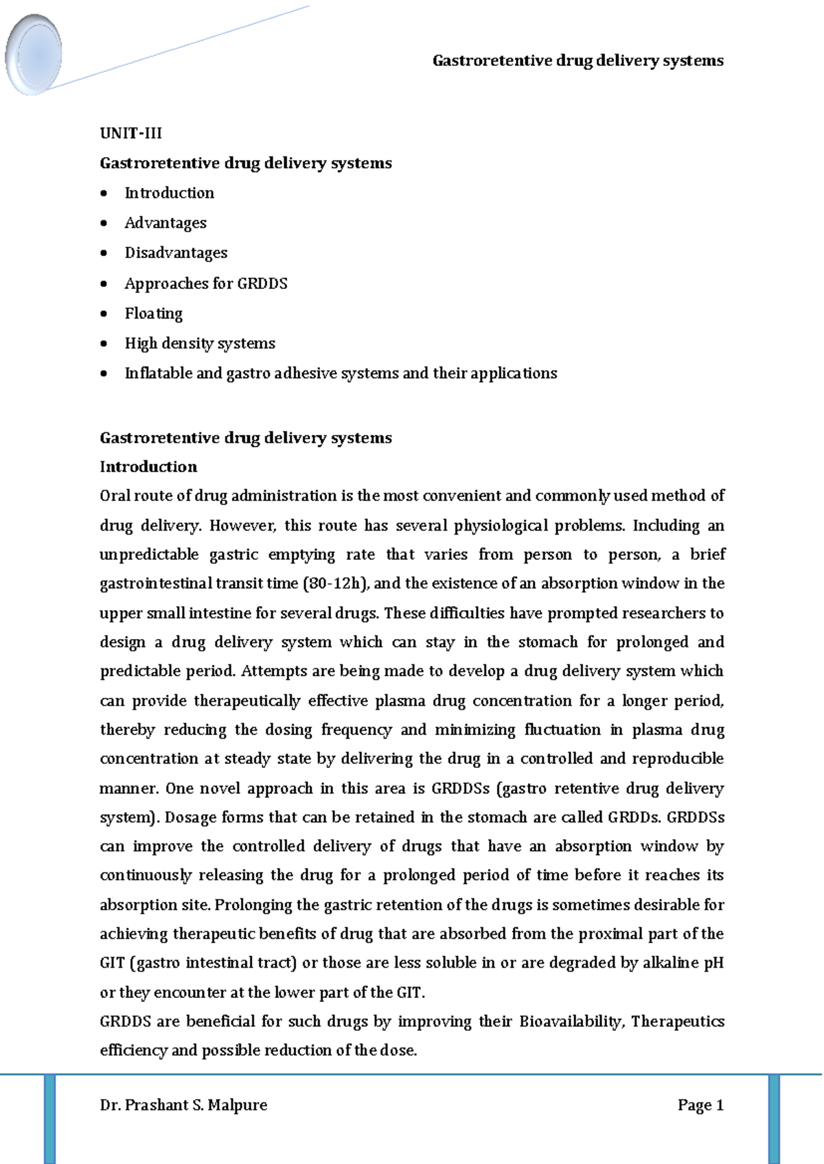 Unit 3 Grdds - Overview of Gastroretentive Drug Delivery Systems - Studocu