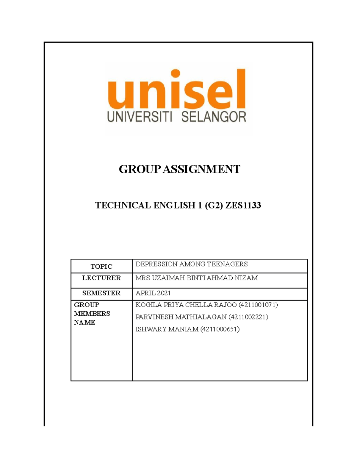Group Assignment: Technical English 1 on Teen Depression Analysis - Studocu