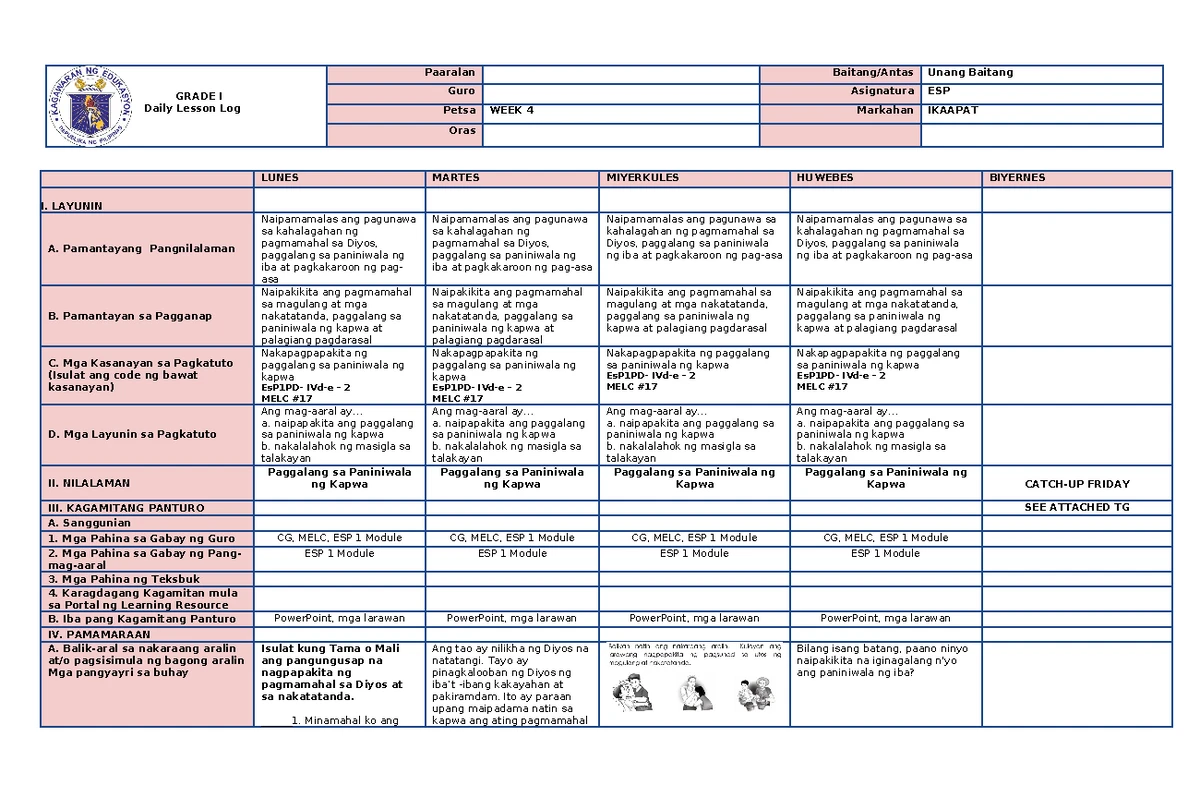 W4 Q4 MAPEH 1 Daily Lesson Log for Grade I - 3D Arts and Music - Studocu
