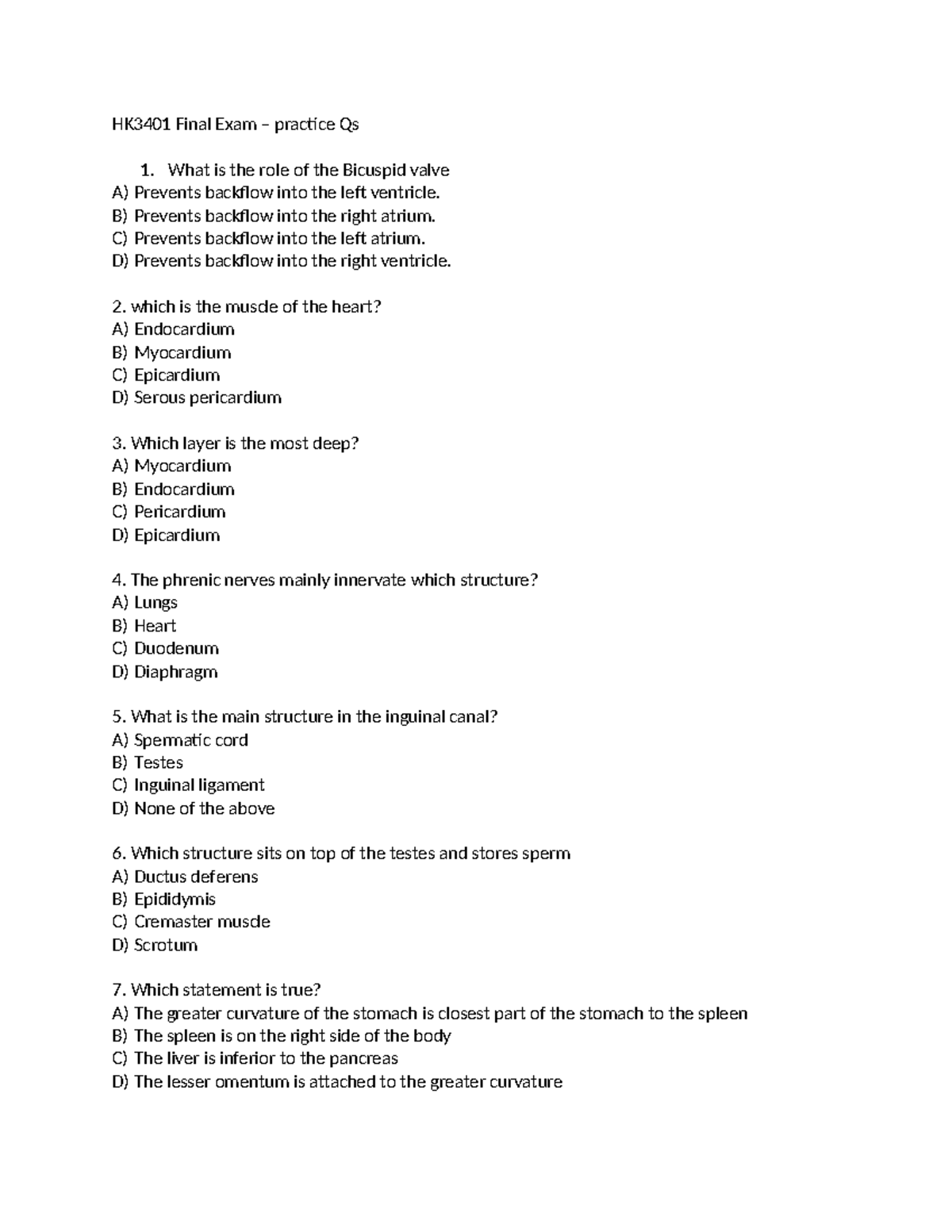 HK3401 Final Exam Practice Questions on Cardiac Anatomy and Physiology ...
