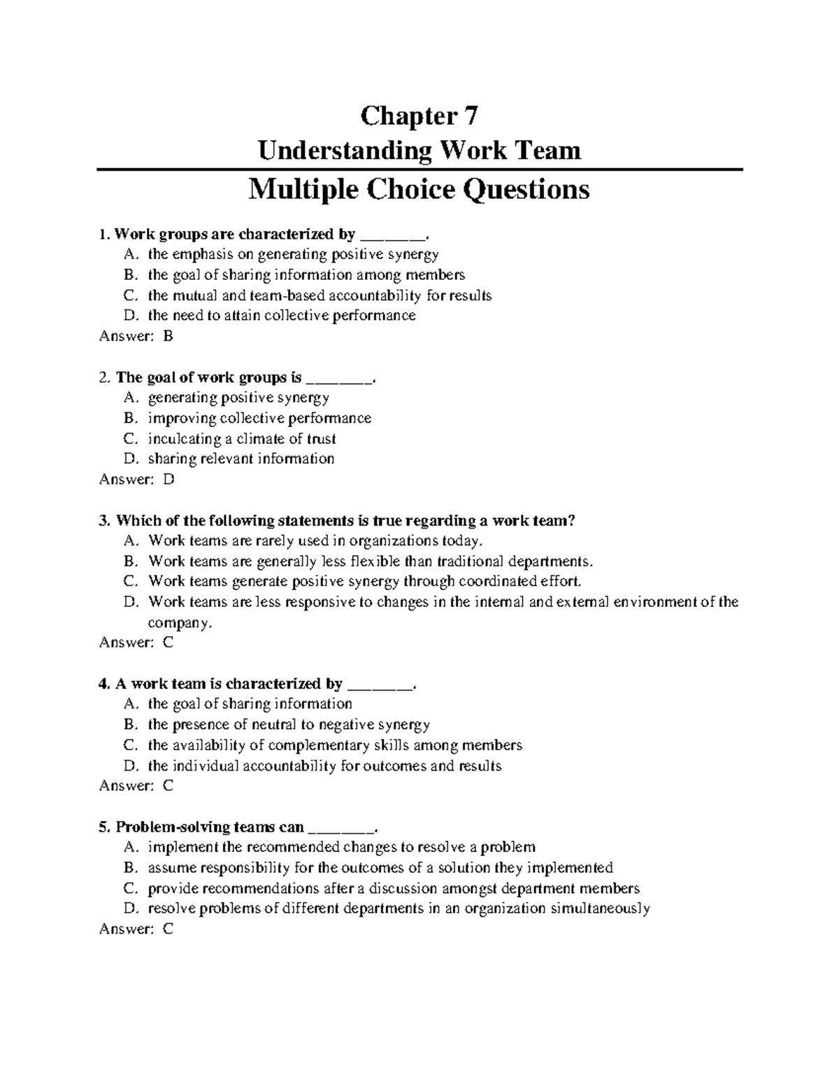 Chapter 7 WORK Teams - Test Bank MCQs and Answers - Studocu