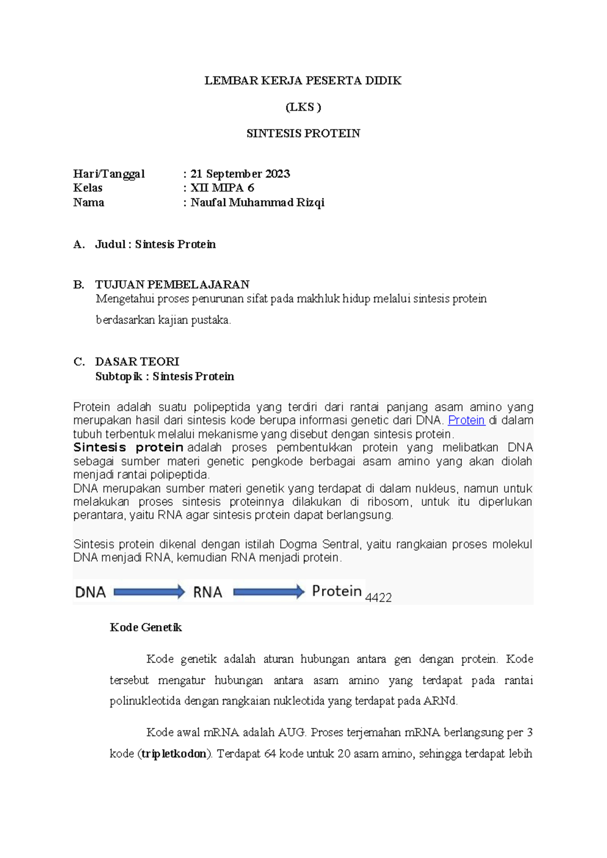 LK Sintesa Protein - Proses dan Mekanisme Sintesis Protein di Kelas XII ...