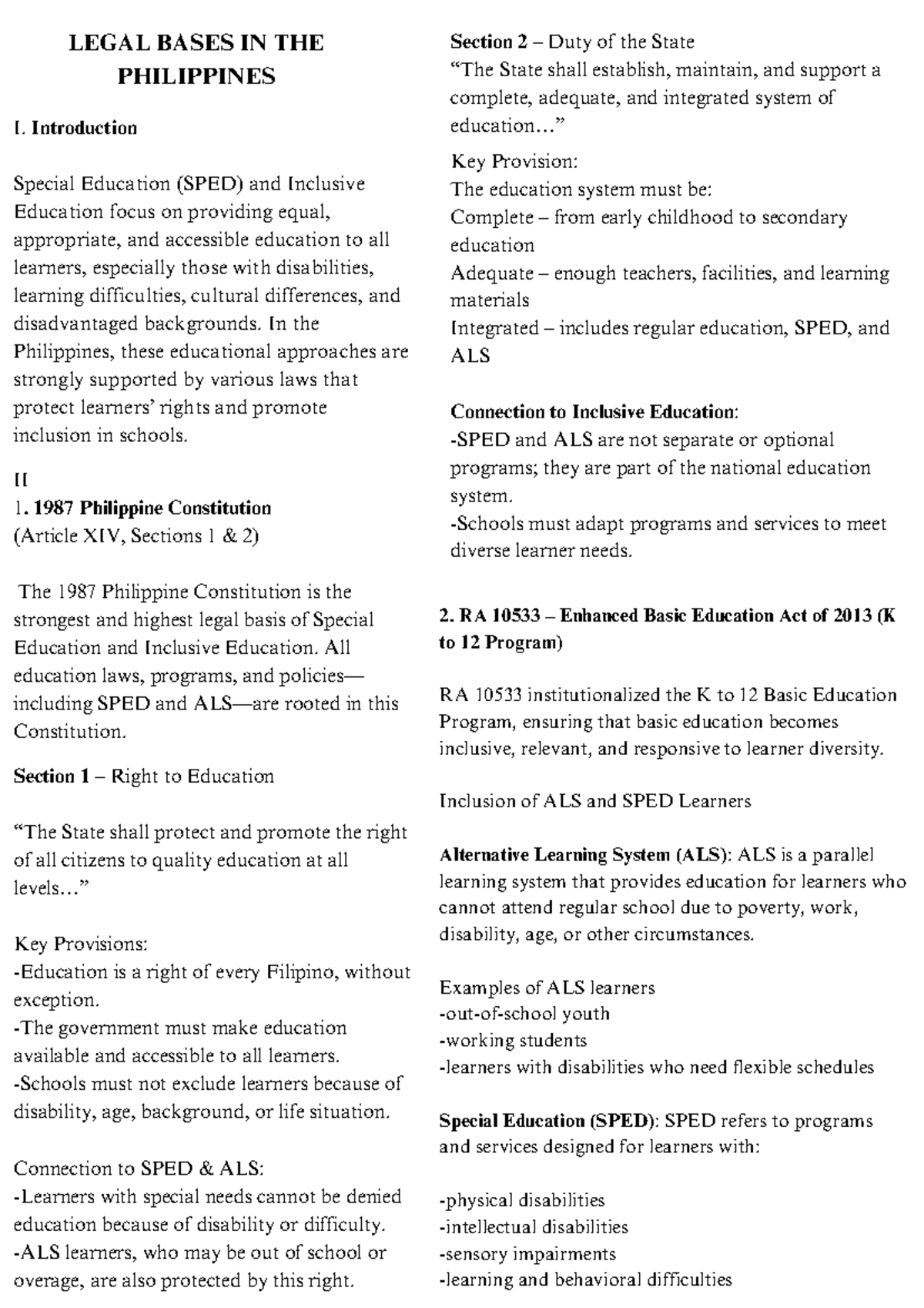 Legal Bases for SPED & Inclusive Education in the Philippines - Studocu
