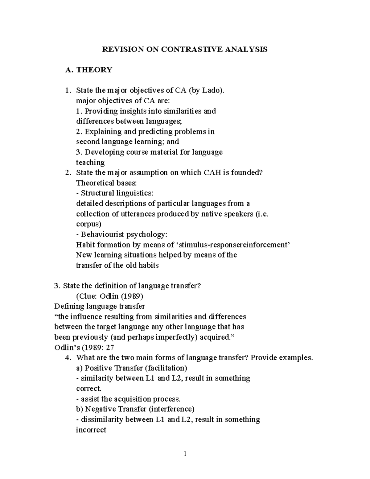 Revision on Contrastive Analysis (CA) 2024 - Daklak - Studocu