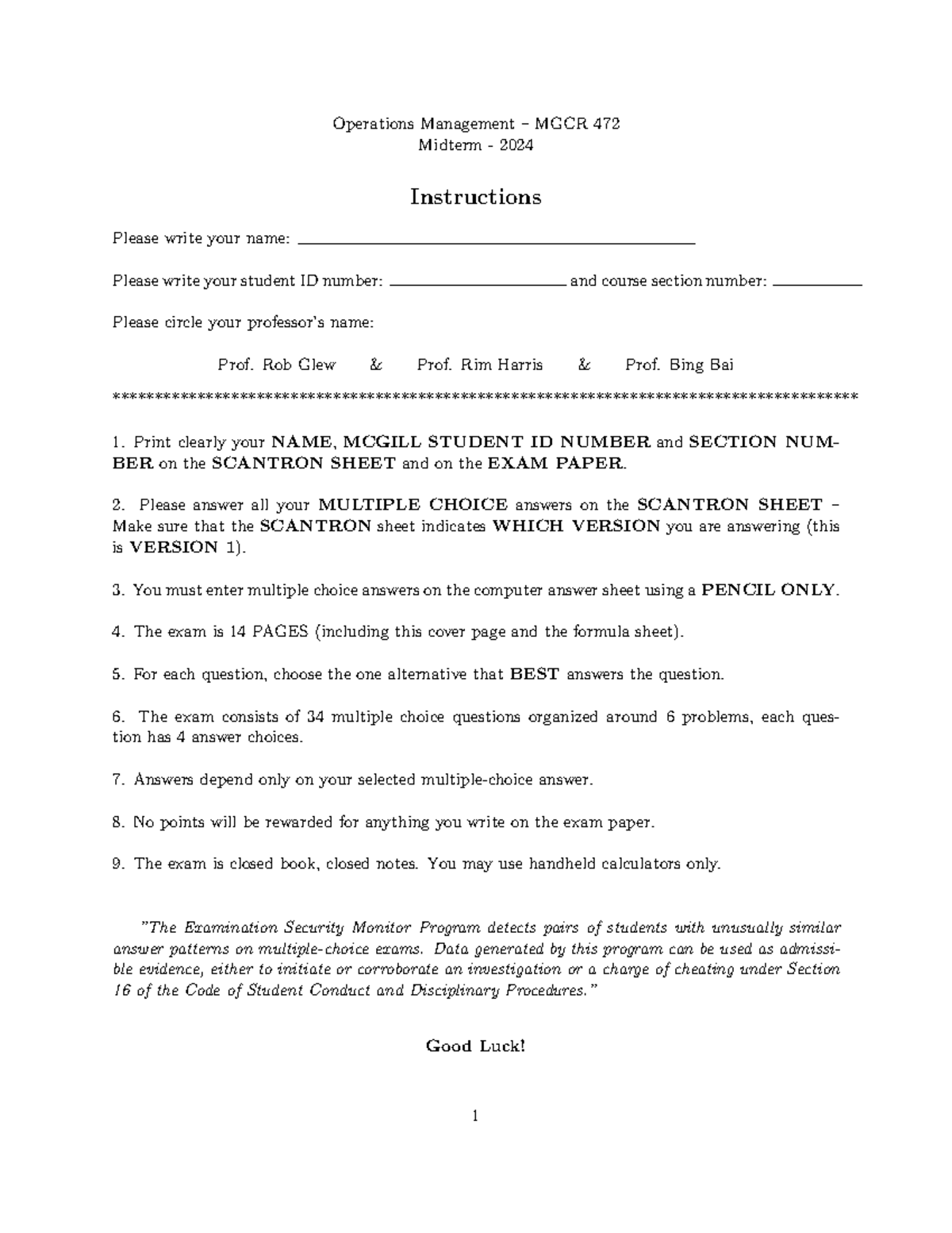 Operations Management MGCR 472 Midterm 2024 Practice Exam Instructions ...