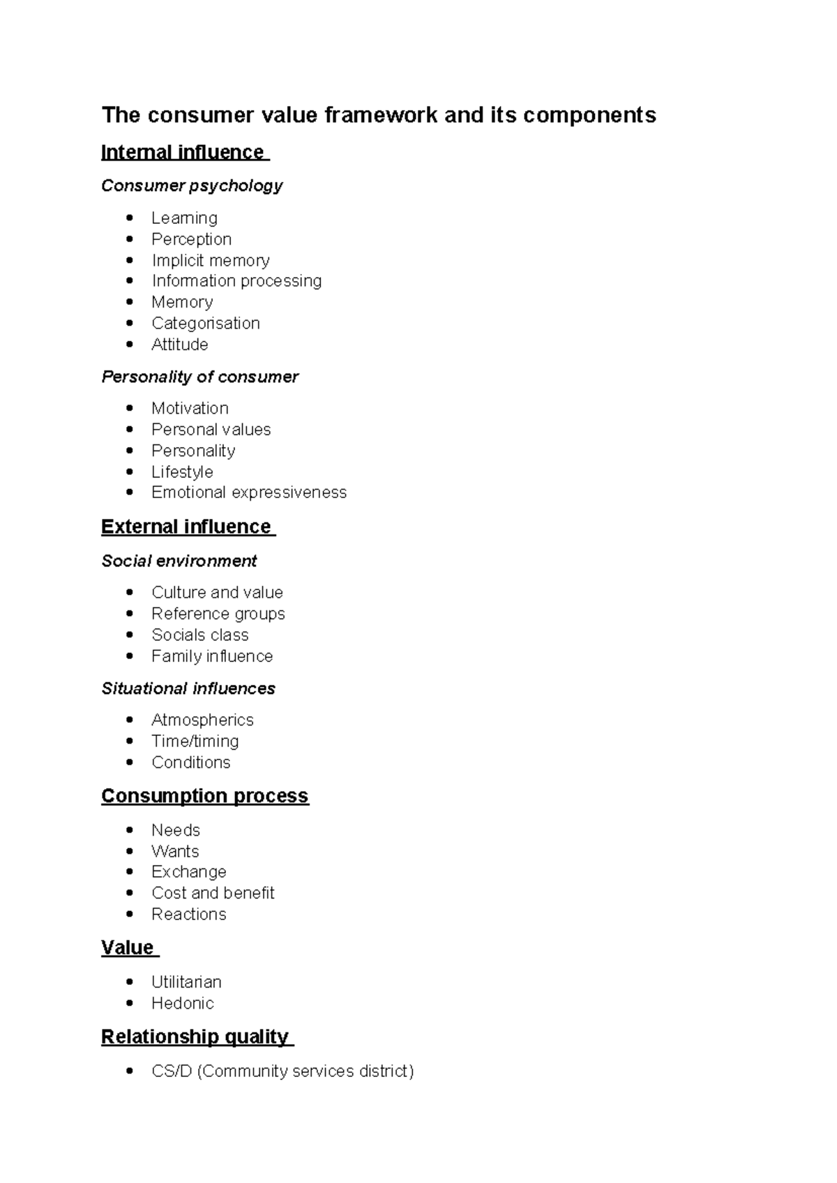 Class note - Tutorial notes - The consumer value framework and its ...