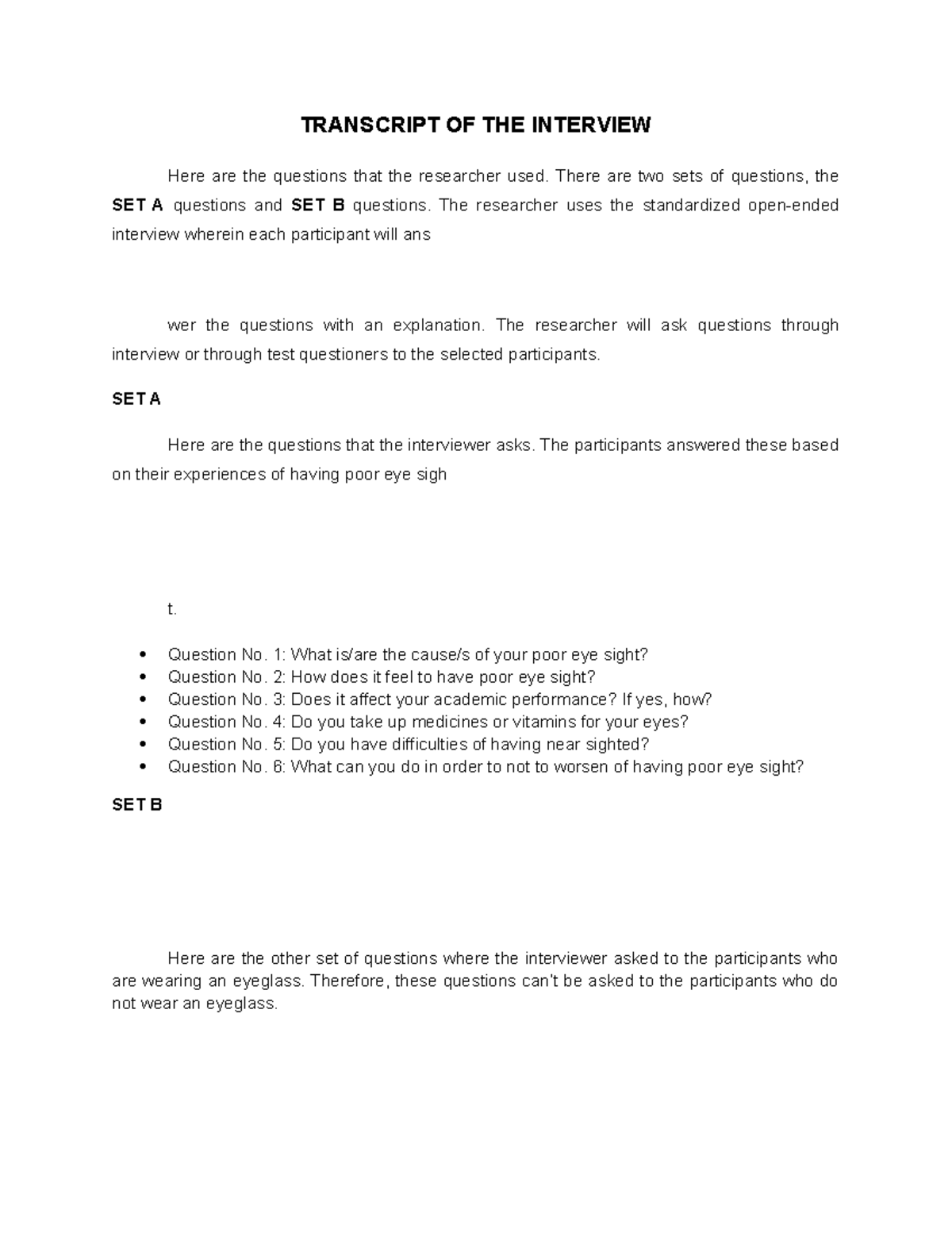 Transcript of Eye Sight Interviews: Thesis Insights and Findings - Studocu