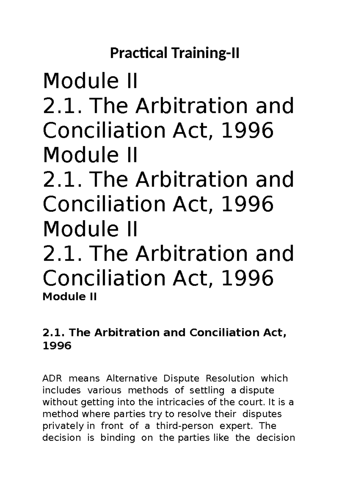 Practical Training-II: Overview of the Arbitration and Conciliation Act ...