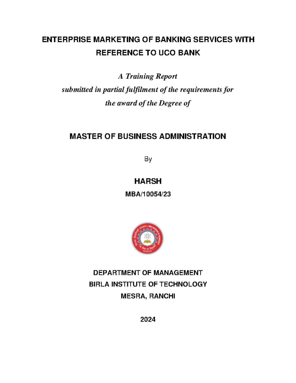 UCO Bank Summer Internship Training Report - MBA/10054/23 - Studocu