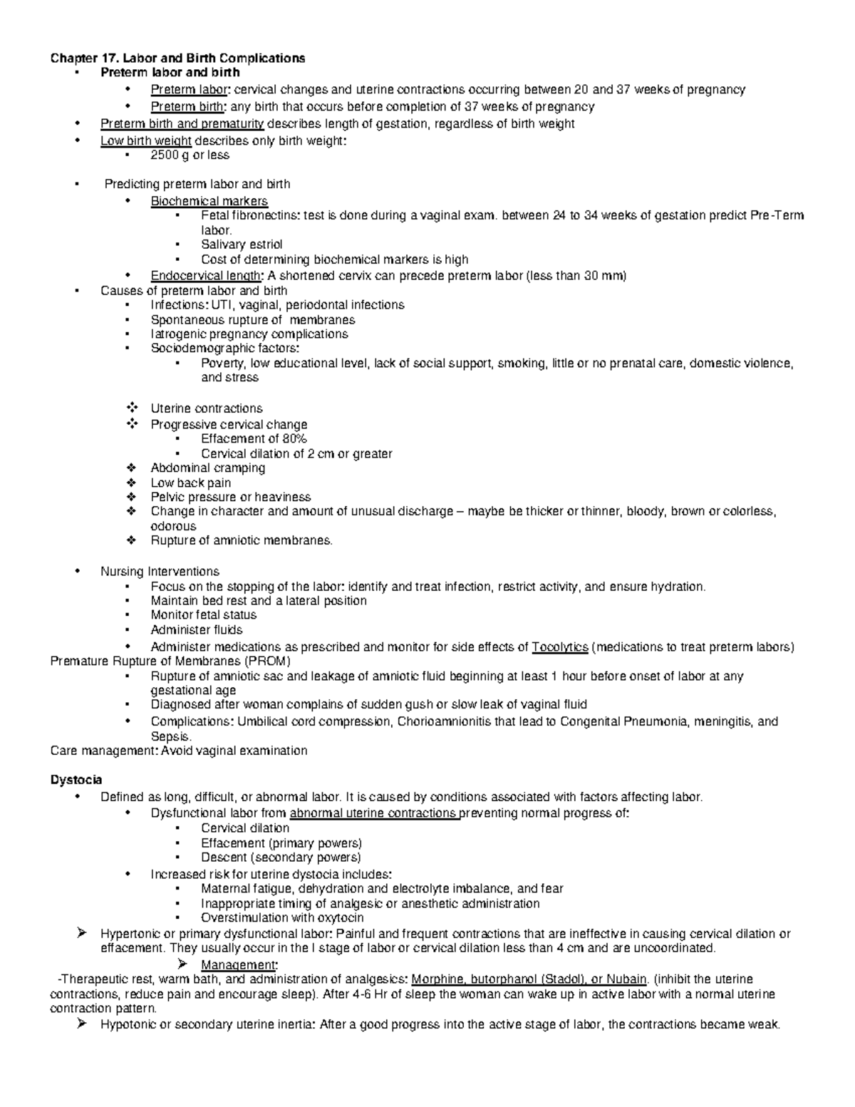 Labor and Birth Complications: Preterm Labor & Dystocia (NUR 304) - Studocu