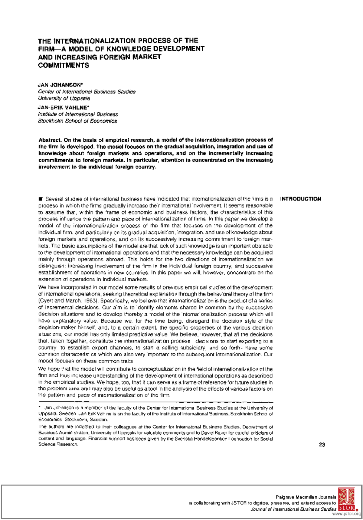 The Internationalization Process of the Firm: A Model of Knowledge ...