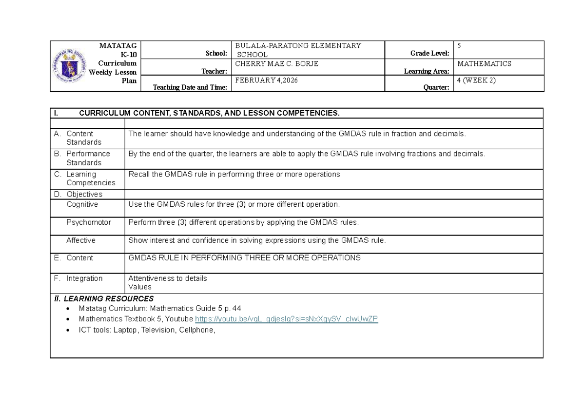 MATATAG Curriculum Math 4 Week 2 Detailed Lesson Plan - Studocu