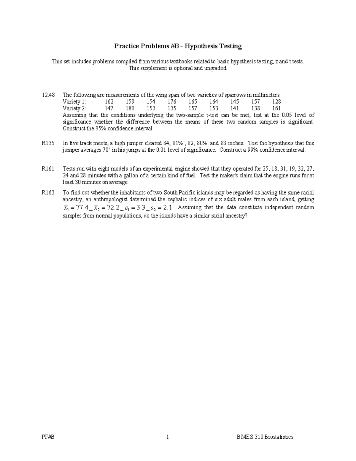 Practice Problems on Hypothesis Testing (BMES 310) - Studocu