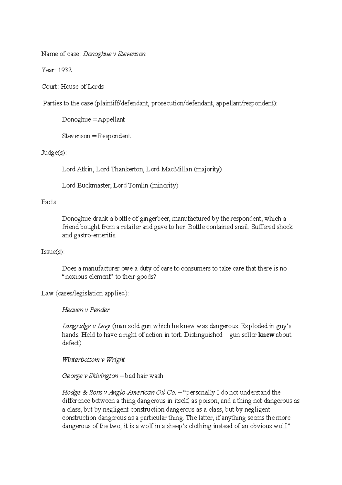 _Analysis of Donoghue v Stevenson (1932) - Duty of Care in Tort Law ...