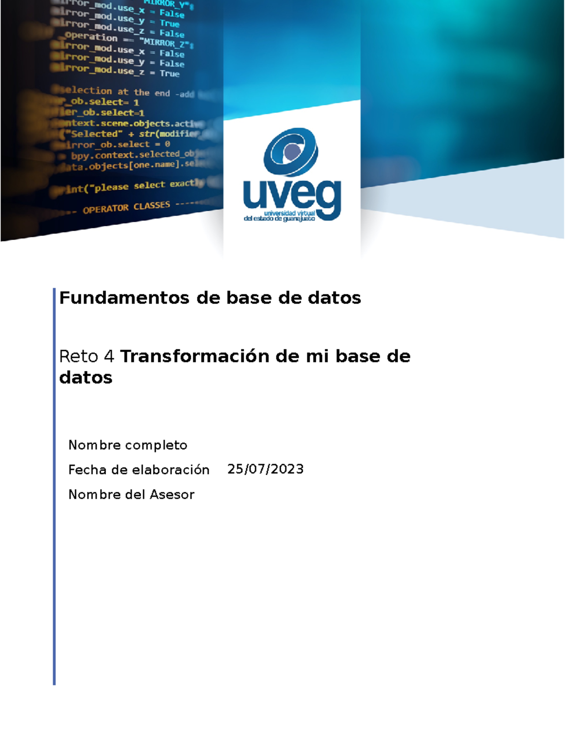 Reto 4: Transformación de Base de Datos en Modelo E-R R4 U3 - Document Preview