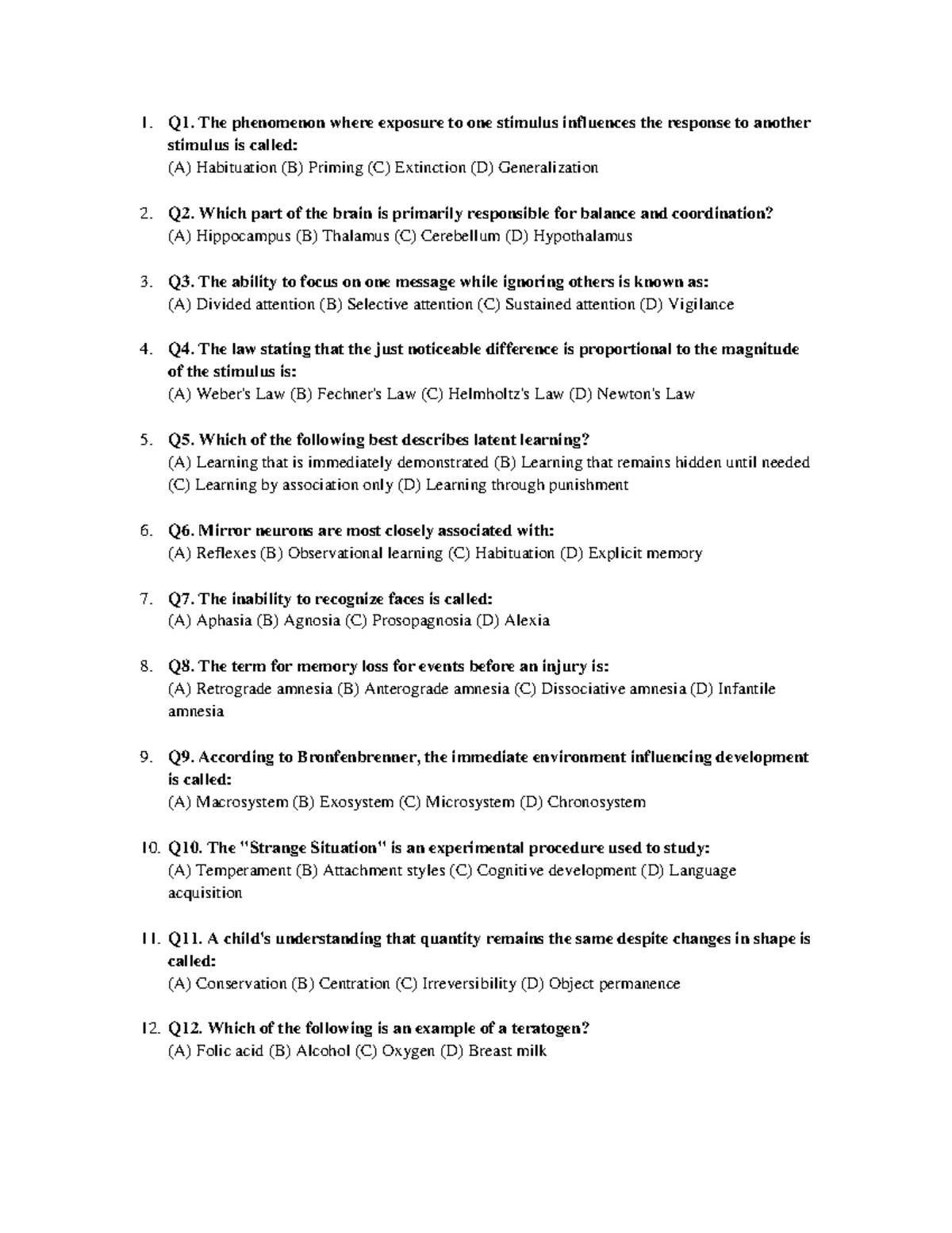 50 MCQs with Answer Key for Psychology Course PSY101 - Studocu