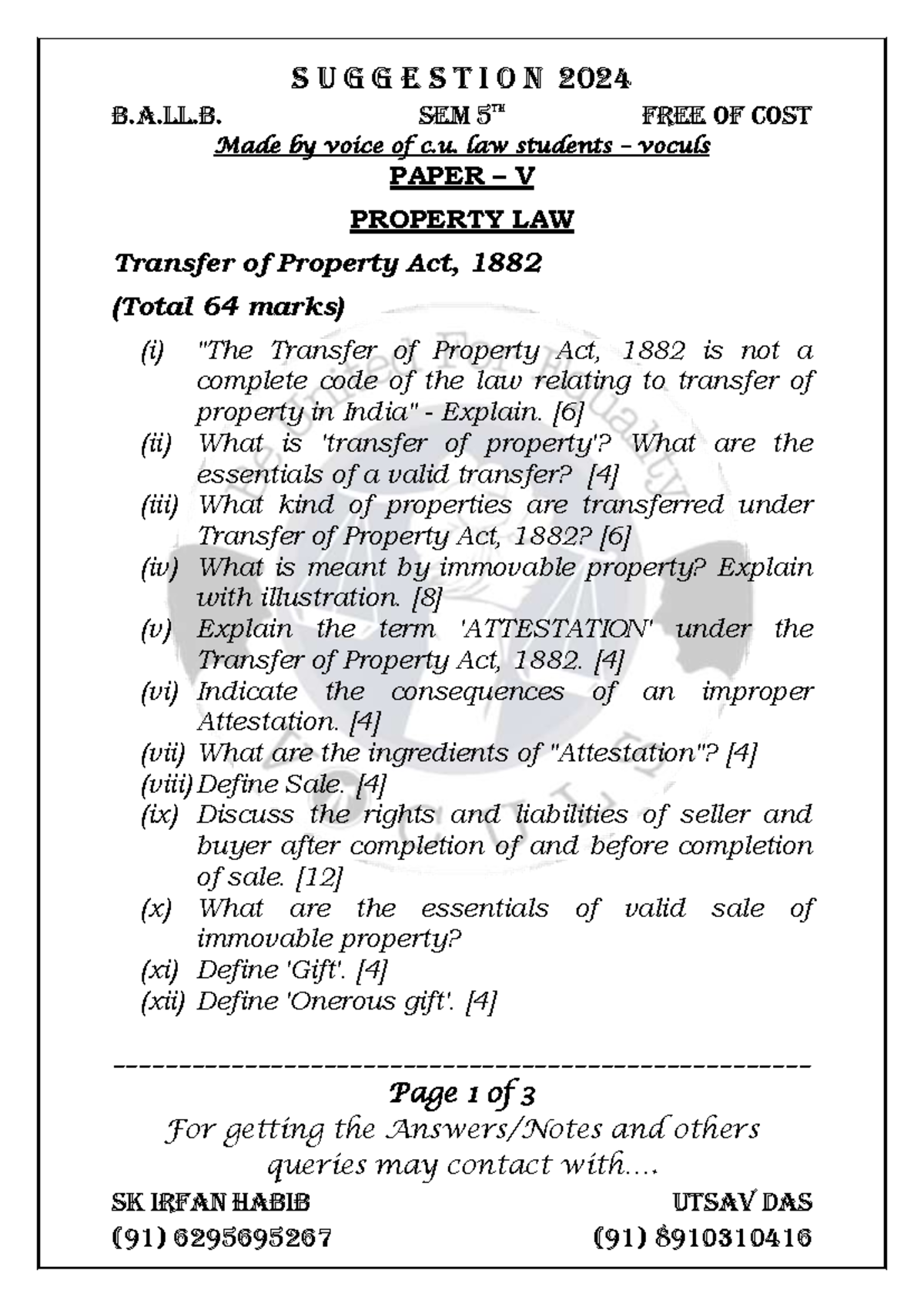 B.A.LL. SEM 5 Property Law Suggestions for 2024 Examination - Studocu