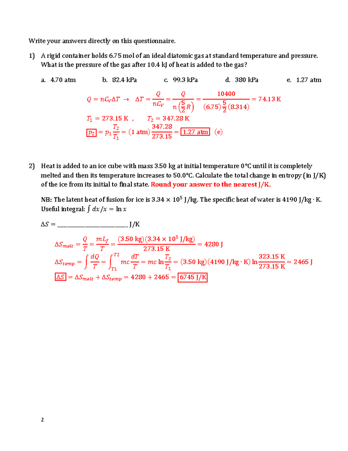 PHY1122 20255 Midterm 1 Solutions: Ideal Gas and Thermodynamics ...