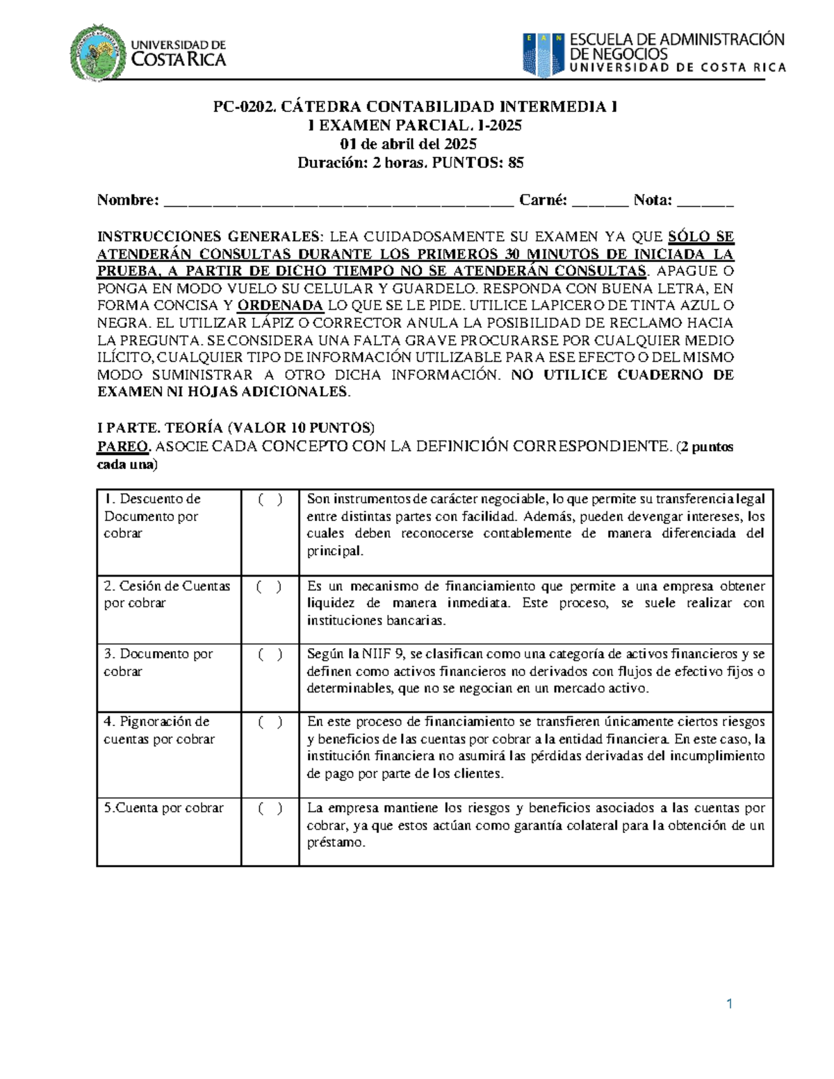I Parcial PC0202 Contabilidad Intermedia I - Examen 2025 - Studocu