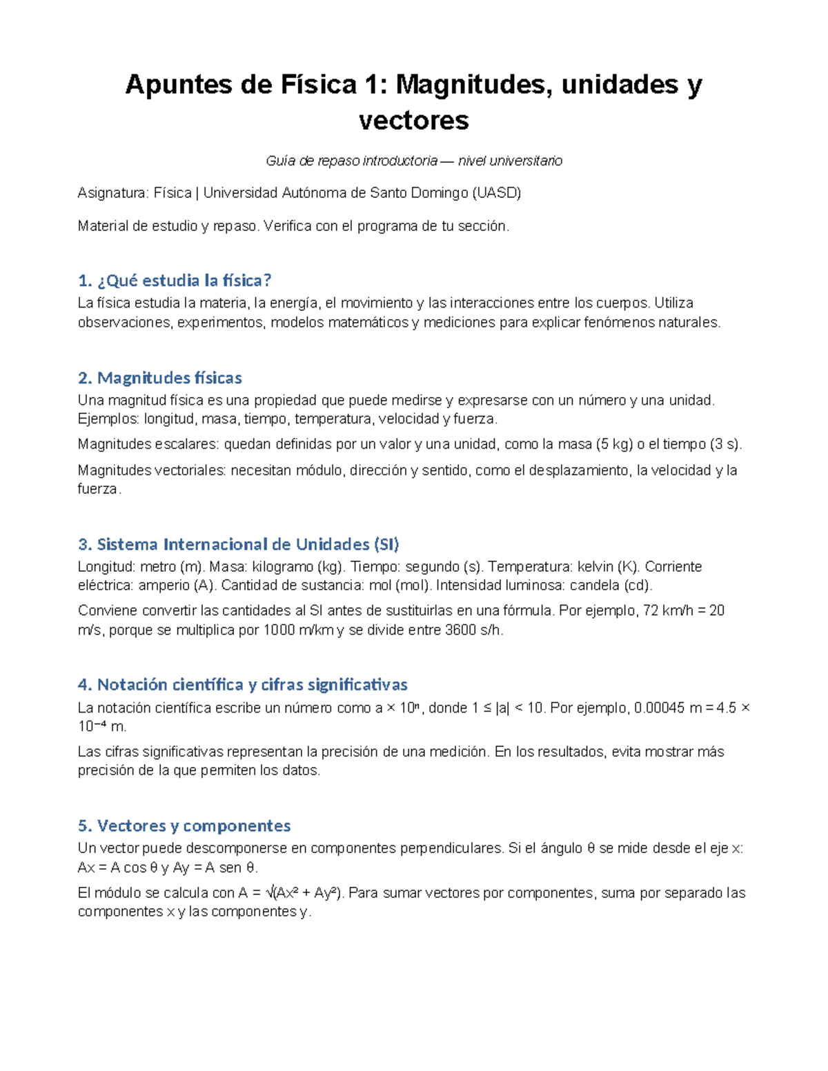 Guía de Repaso: Magnitudes, Unidades y Vectores - Física 1 UASD - Studocu