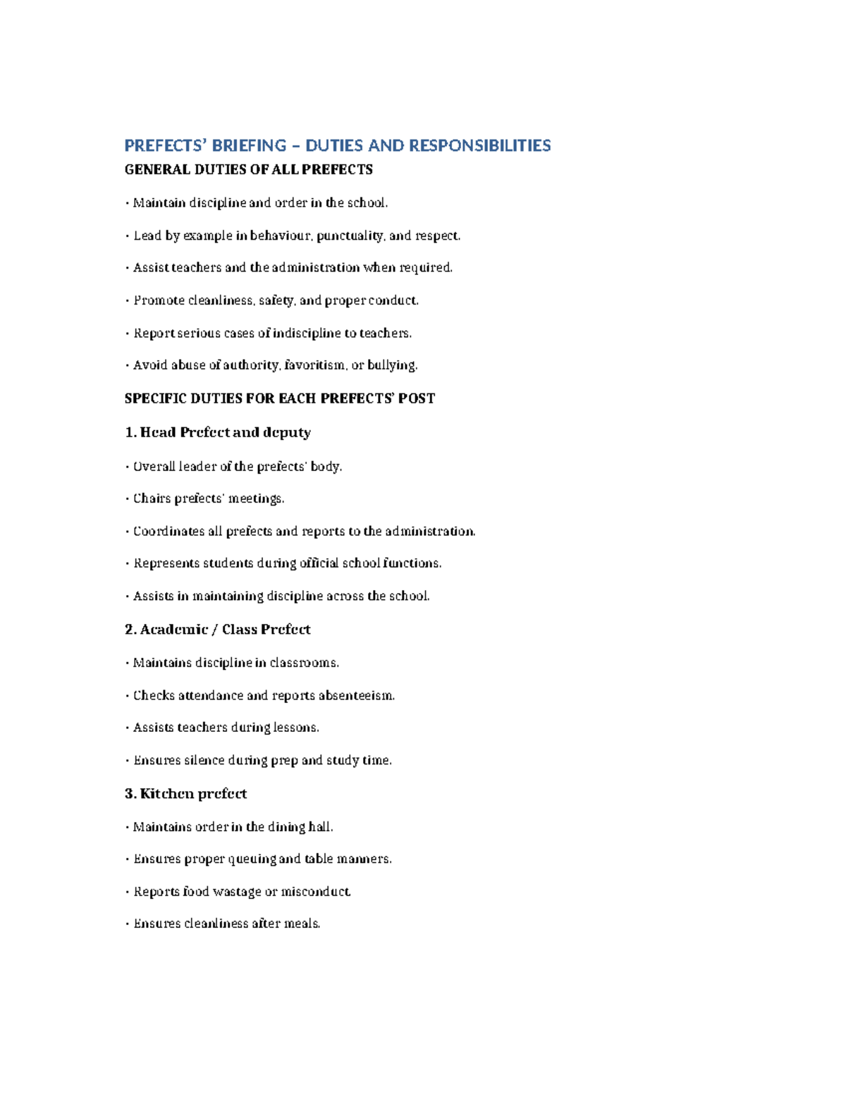 Prefects Duties and Responsibilities Overview: Roles & Expectations ...