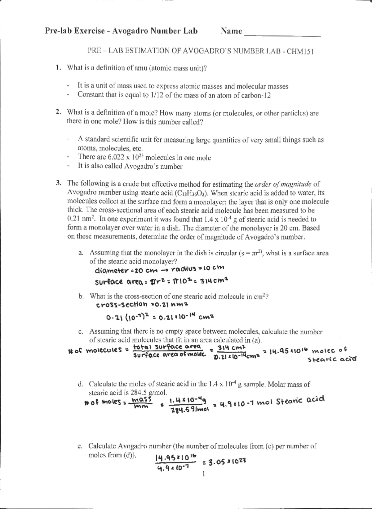 CHM151 Avogadro's Number Lab Pre-Lab Estimation Guide - Studocu