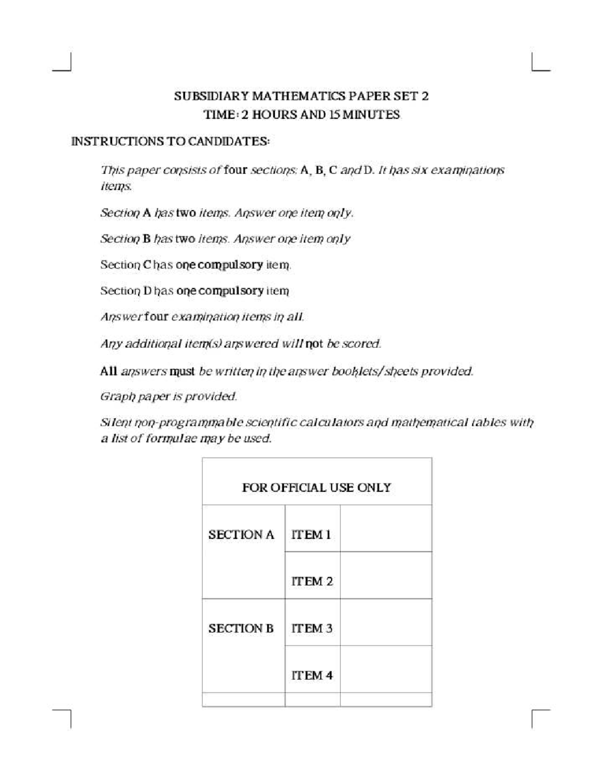 Set 2 Subsidiary Mathematics Paper S5ET - Exam Instructions and Tasks ...